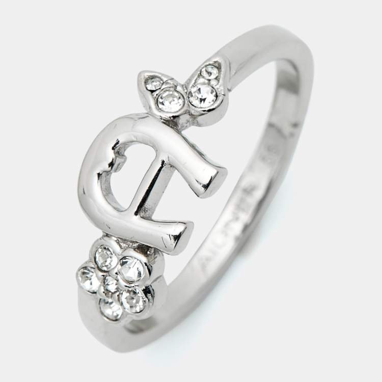 Pre Owned Aigner Logo Crystals Silver Tone Ring Size 56