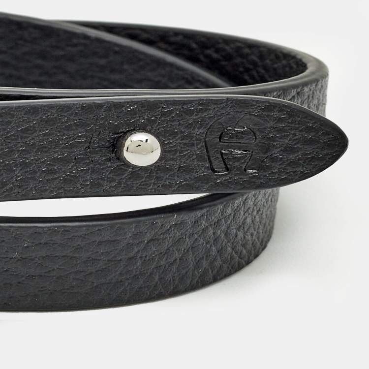 Pre Owned Aigner Logo Leather Silver Tone Bracelet