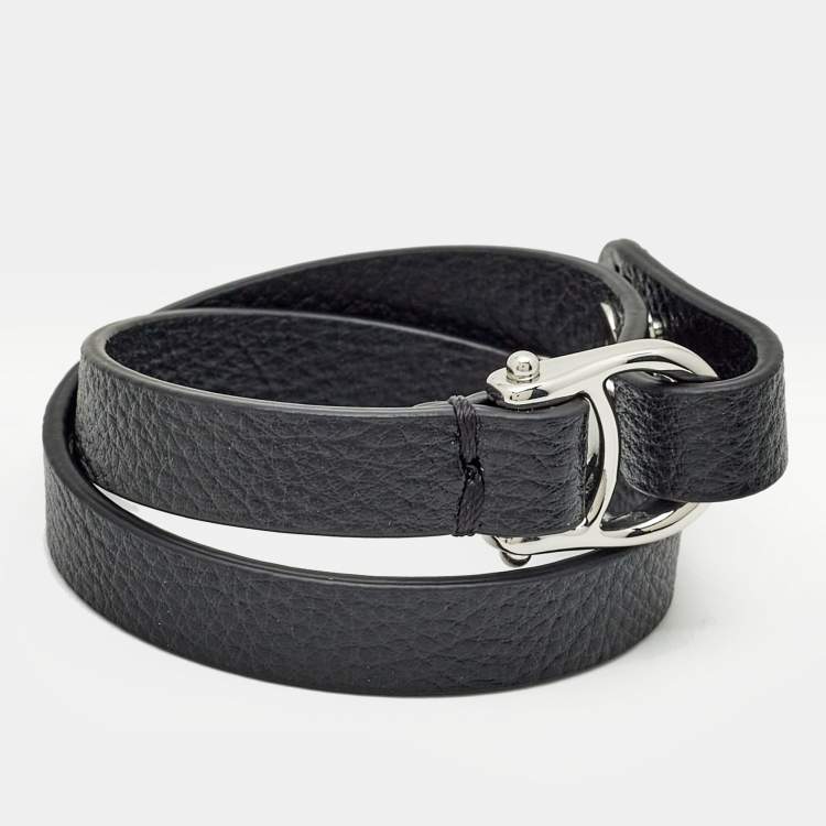 Pre Owned Aigner Logo Leather Silver Tone Bracelet