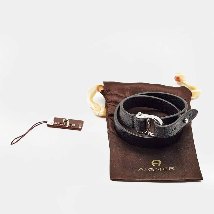 Pre Owned Aigner Logo Leather Silver Tone Bracelet