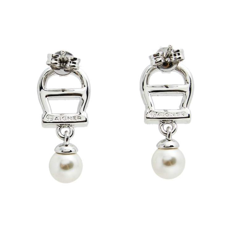 Aigner Faux Pearl And Crystal A Logo Silver Tone Earrings Double