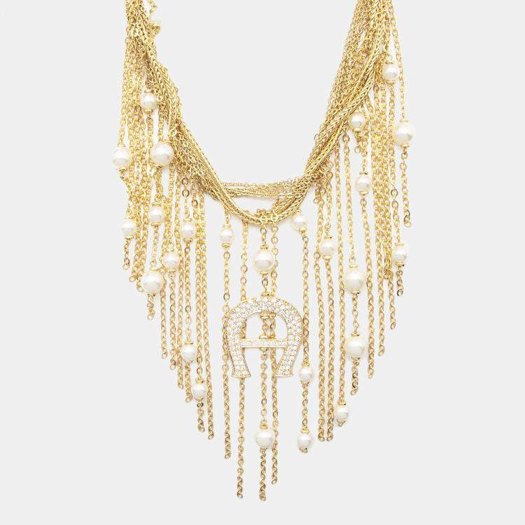 Pre Owned Aigner Capri Faux Pearl Crystal Gold Stone Multi Strand Lariat Necklace
