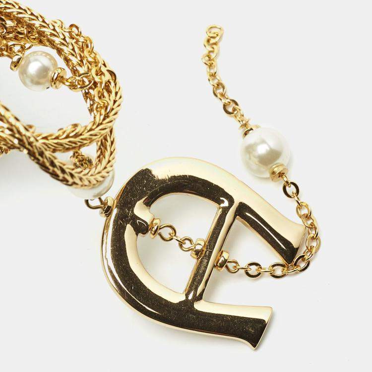 Pre Owned Aigner Capri Faux Pearl Crystal Gold Stone Multi Strand Lariat Necklace