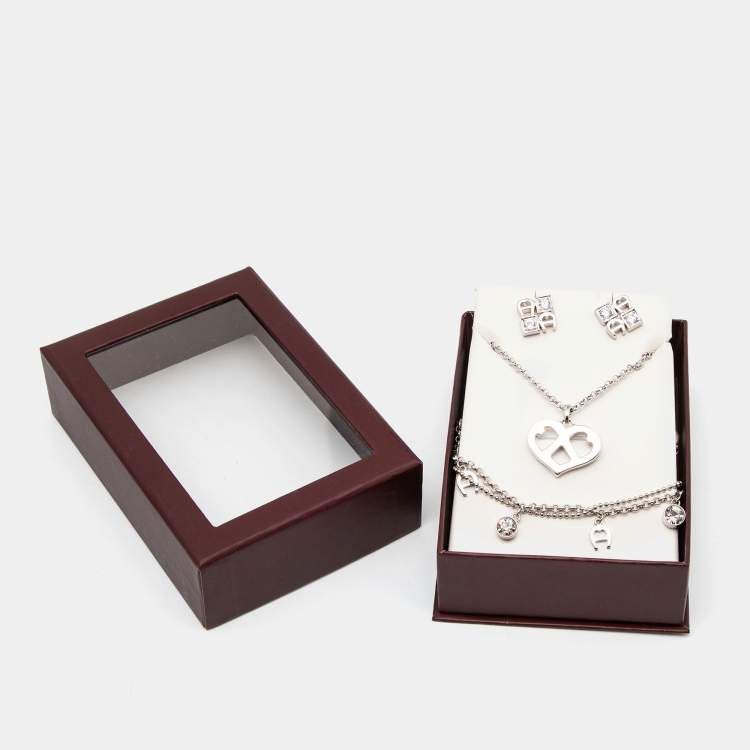 Pre Owned Aigner Crystals Silver Tone Necklace Set with Bracelet