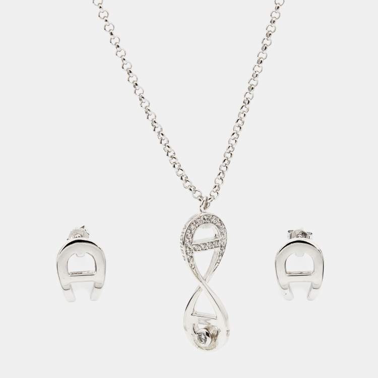 Pre Owned Aigner Crystal SIlver Tone Necklace Set