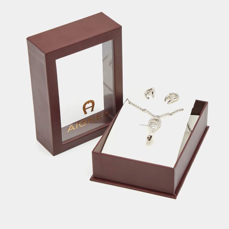 Pre Owned Aigner Crystal SIlver Tone Necklace Set