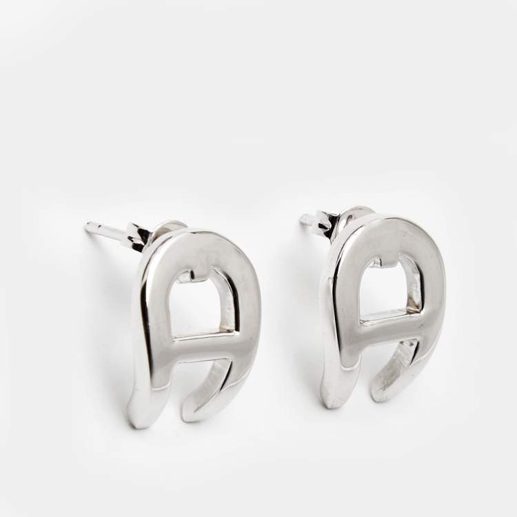 Pre Owned Aigner Logo Silver Tone Earrings
