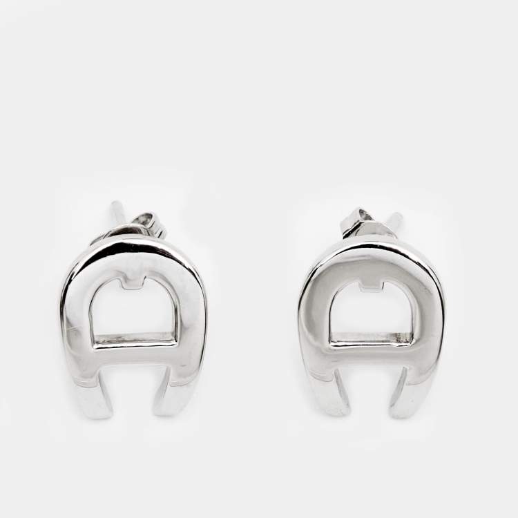 Pre Owned Aigner Logo Silver Tone Earrings