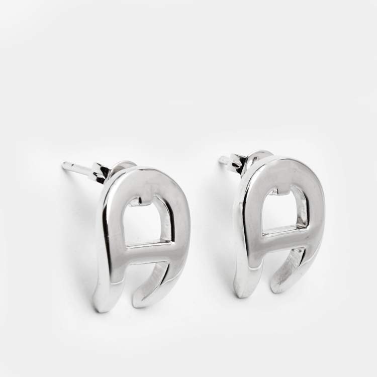 Pre Owned Aigner Logo Silver Tone Earrings