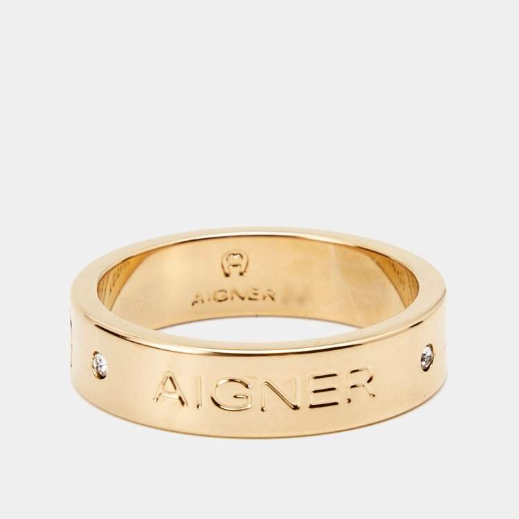 Pre Owned Aigner Crystals Gold Tone Ring Size 52