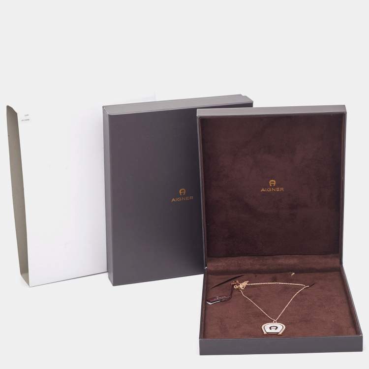 Pre Owned Aigner Rose Gold Tone Crystal Mother of Pearl A Logo Pendant Necklace