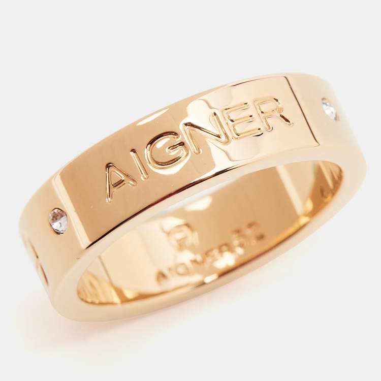 Pre Owned Aigner Gold Plated Crystal Logo Band Ring Size 52