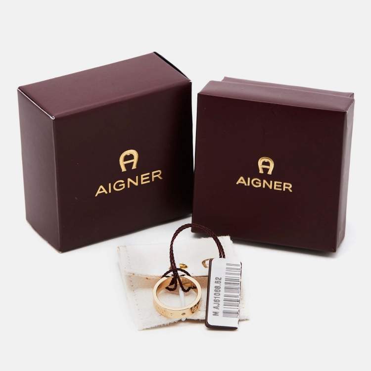 Pre Owned Aigner Gold Plated Crystal Logo Band Ring Size 52