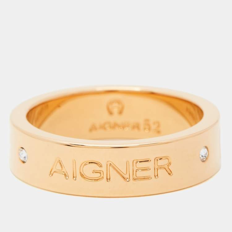 Pre Owned Aigner Gold Plated Crystal Logo Band Ring Size 52