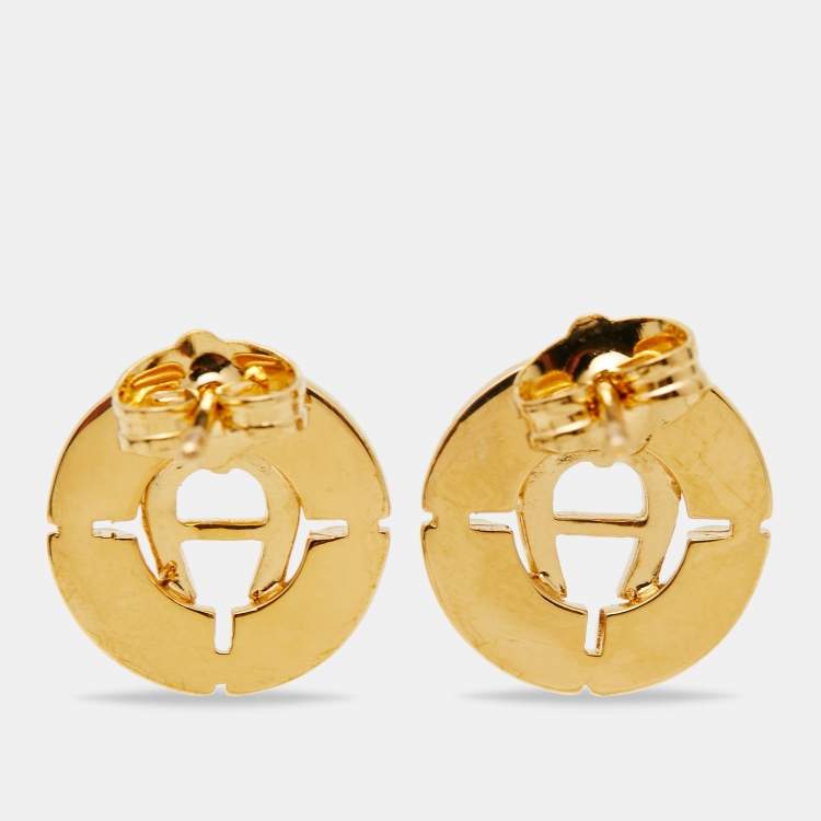 Pre Owned Aigner Gold Tone Mother of Pearl Crystal Logo Earring & Necklace Set