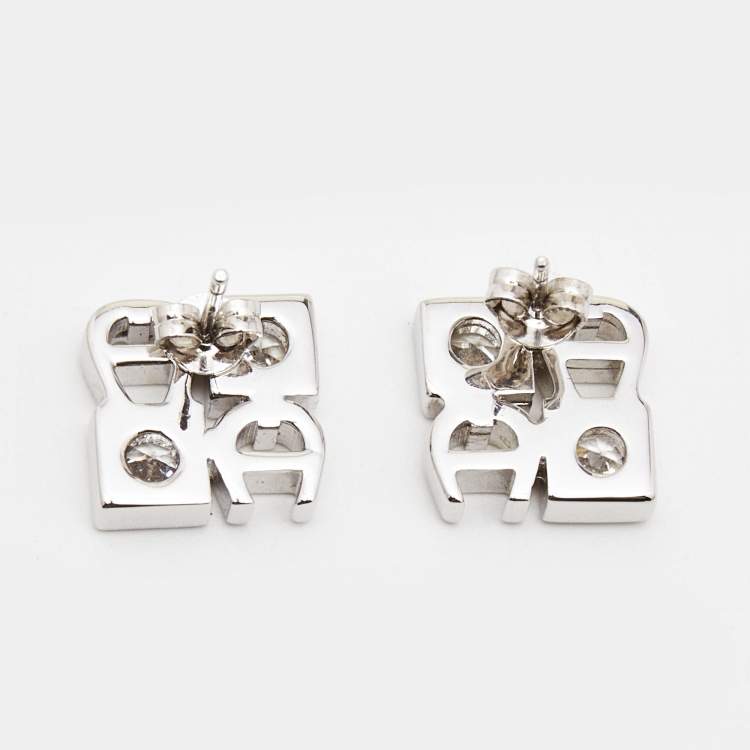Pre Owned Aigner Crystals Logo Silver Tone Stud Earrings