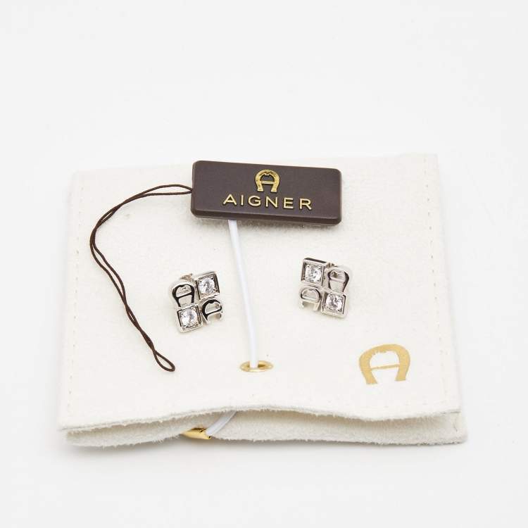 Pre Owned Aigner Crystals Logo Silver Tone Stud Earrings