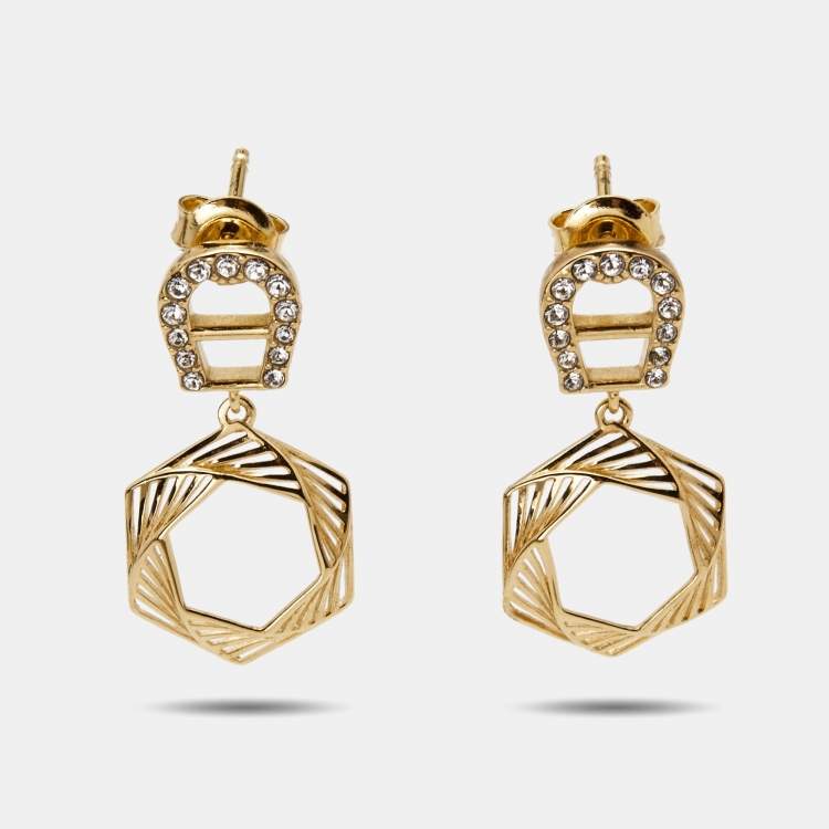 Pre Owned Aigner Gold Tone Crystal Embellished Earrings