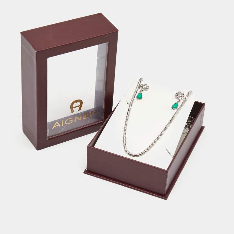 Pre Owned Aigner Crystal Silver Tone Necklace and Earrings