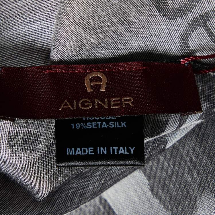Pre Owned Aigner Grey Logo Print Silk Blend Seasonal Scarf
