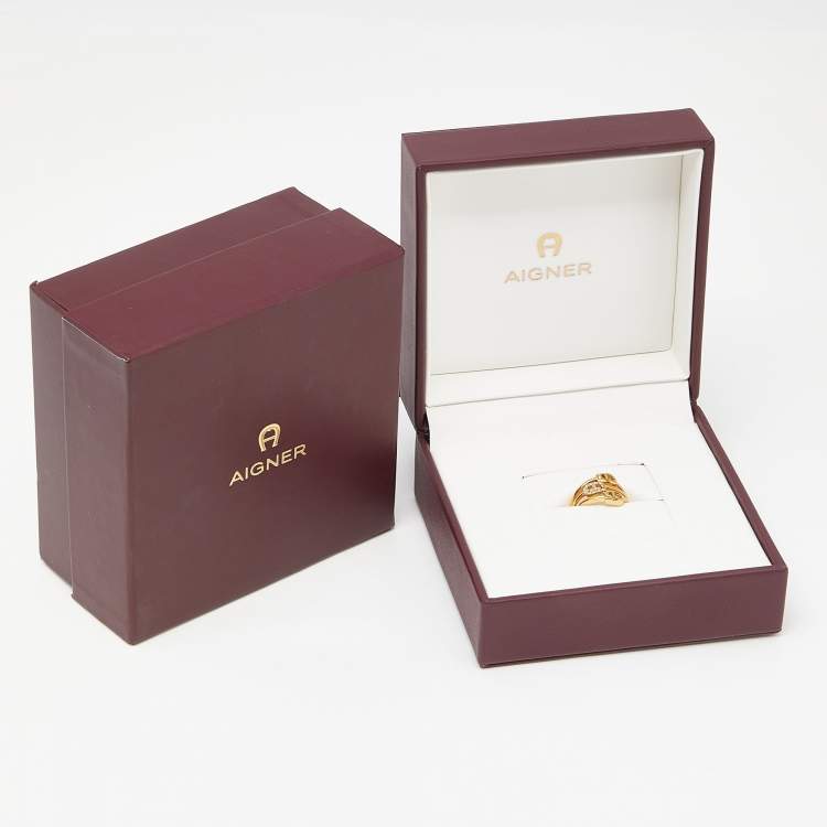 Pre Owned Aigner A Logo Crystal Gold Tone Ring Size 56