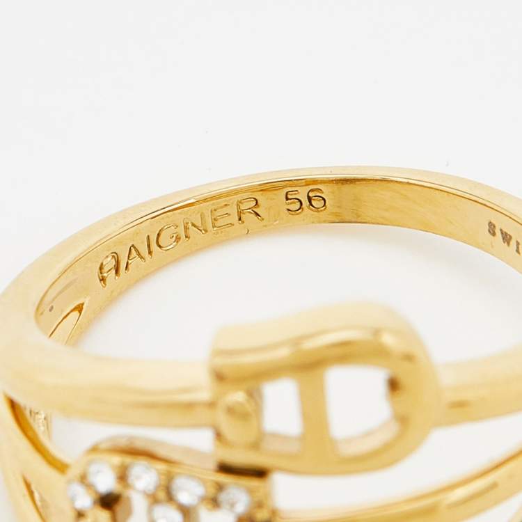 Pre Owned Aigner A Logo Crystal Gold Tone Ring Size 56