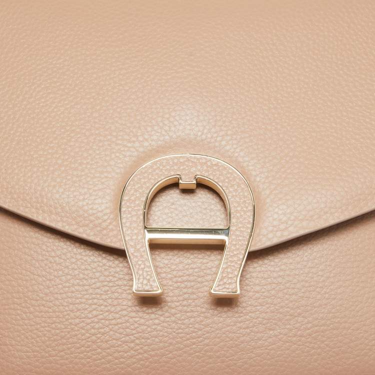 Pre Owned Aigner Tan Brown Leather Logo Flap Top Handle Bag