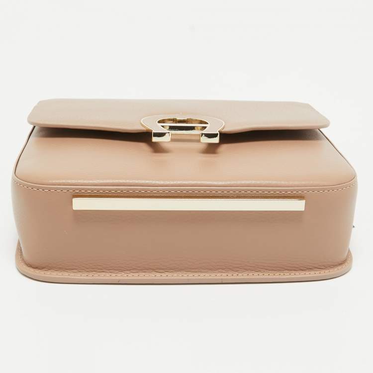 Pre Owned Aigner Tan Brown Leather Logo Flap Top Handle Bag