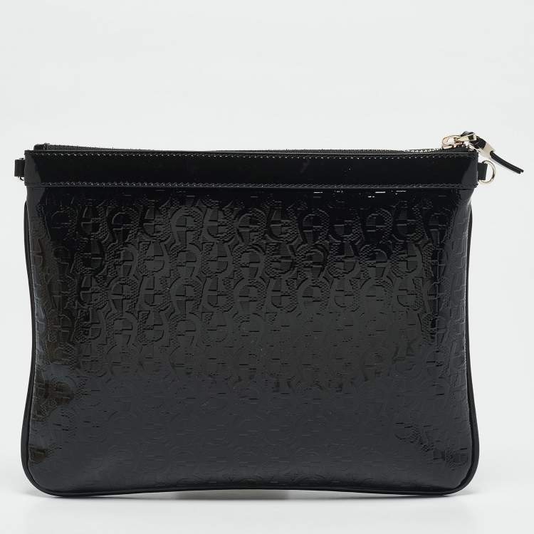 Pre Owned Aigner Black Signature Embossed Patent Leather Large Candy Chain Pouch 
