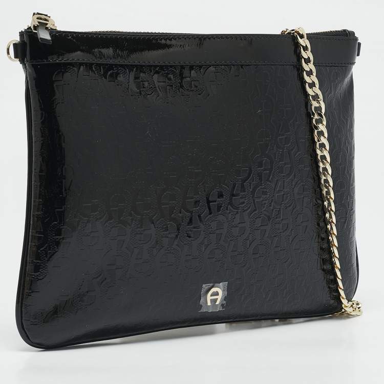 Pre Owned Aigner Black Signature Embossed Patent Leather Large Candy Chain Pouch 