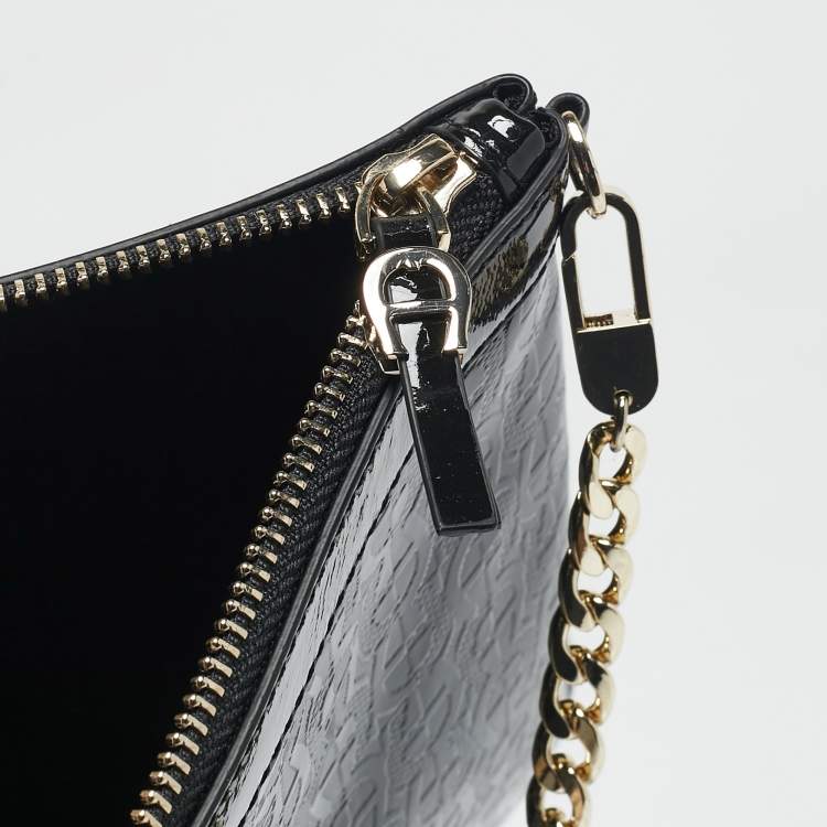 Pre Owned Aigner Black Signature Embossed Patent Leather Large Candy Chain Pouch 