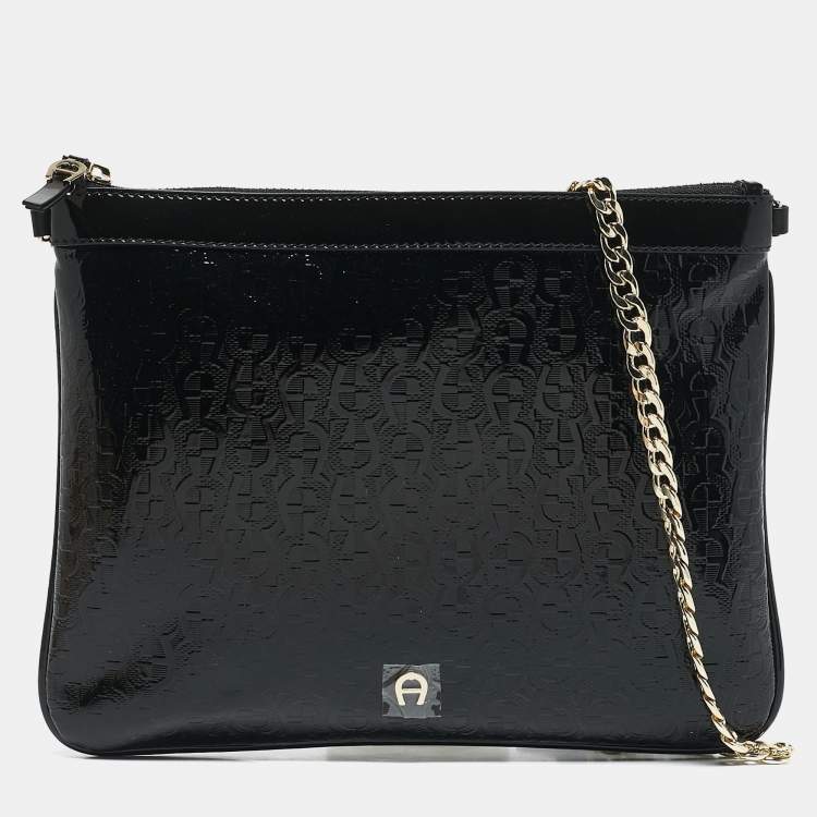 Pre Owned Aigner Black Signature Embossed Patent Leather Large Candy Chain Pouch 