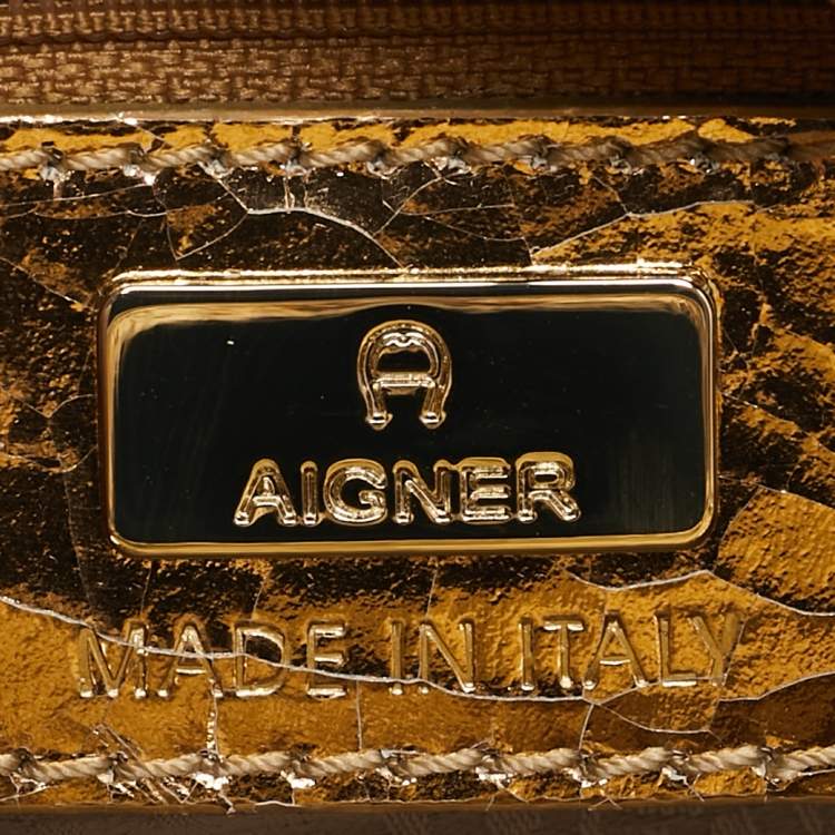 Pre Owned Aigner Gold Crackled Patent Leather Mini Cybill Tote