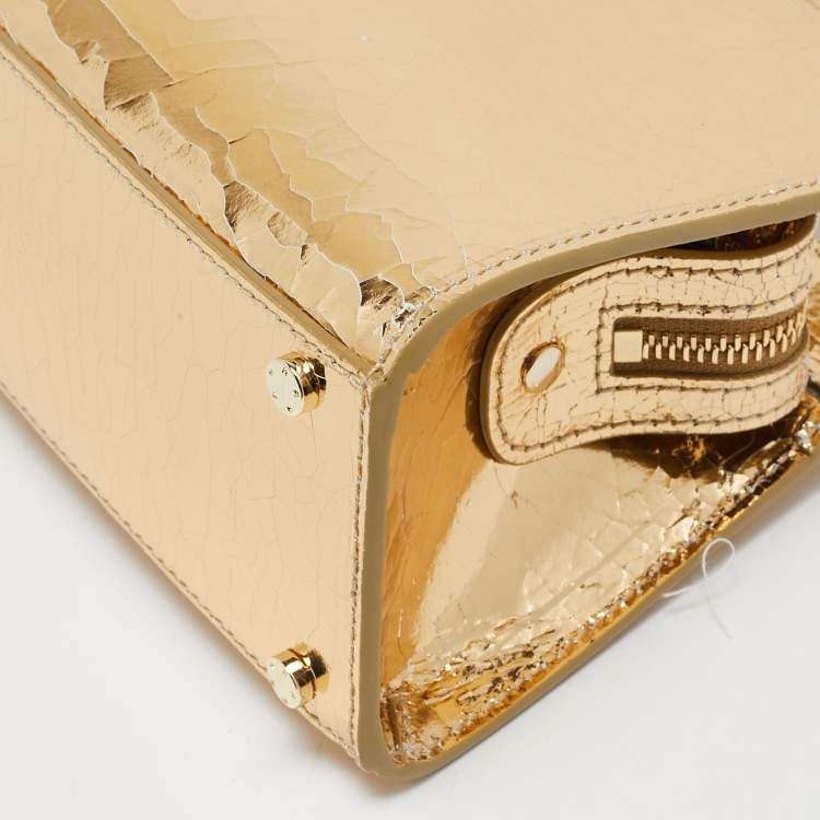 Pre Owned Aigner Gold Crackled Patent Leather Mini Cybill Tote