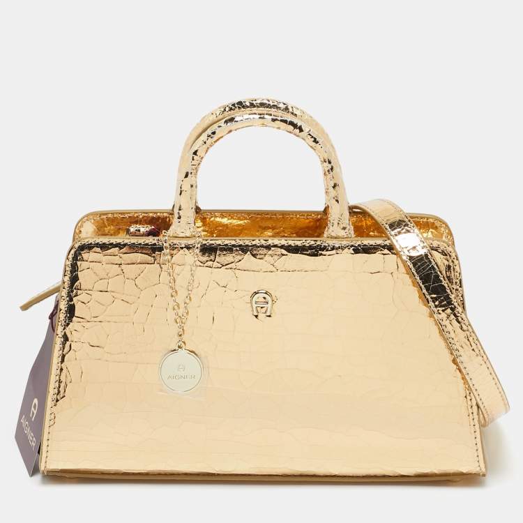 Pre Owned Aigner Gold Crackled Patent Leather Mini Cybill Tote