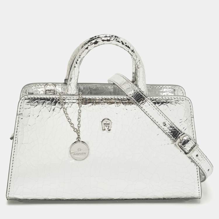 Pre Owned Aigner Cybill Stretch S Mini Silver Crackled Leather Satchel
