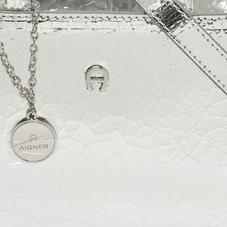 Pre Owned Aigner Cybill Stretch S Mini Silver Crackled Leather Satchel