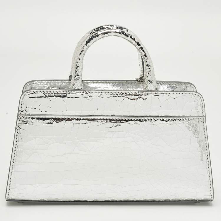 Pre Owned Aigner Cybill Stretch S Mini Silver Crackled Leather Satchel