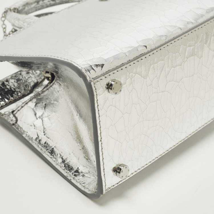 Pre Owned Aigner Cybill Stretch S Mini Silver Crackled Leather Satchel