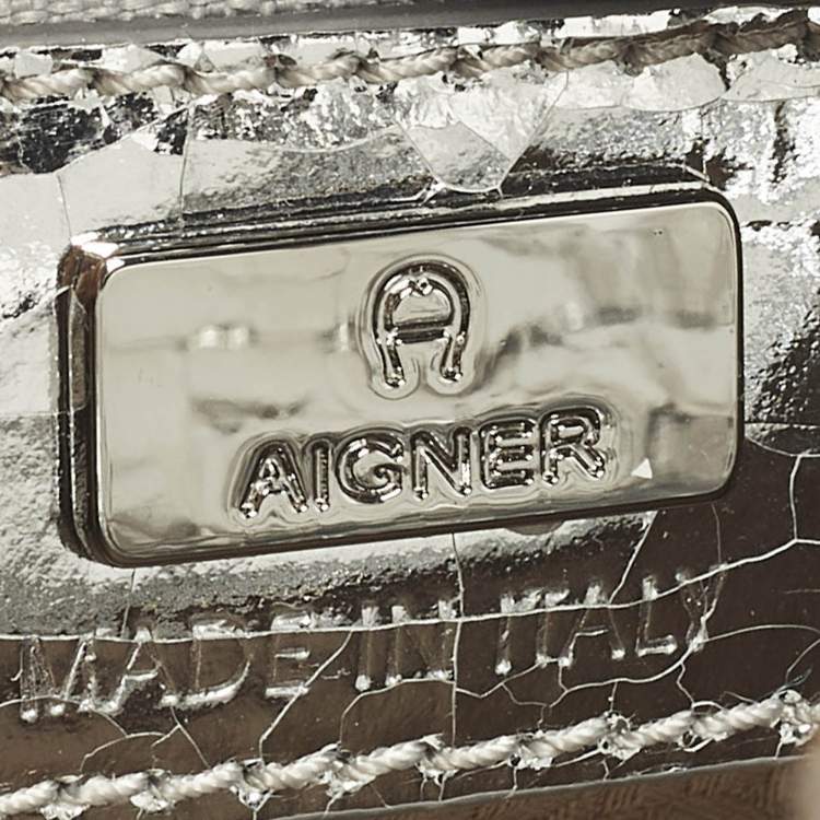 Pre Owned Aigner Cybill Stretch S Mini Silver Crackled Leather Satchel