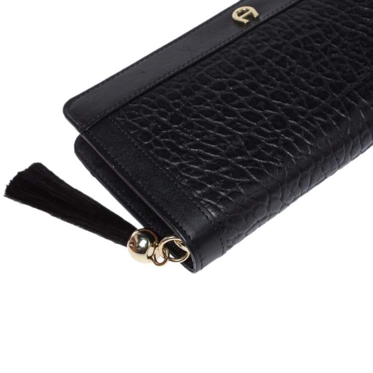 Pre Owned Aigner Black Leather Cavallina Zip Around Wallet