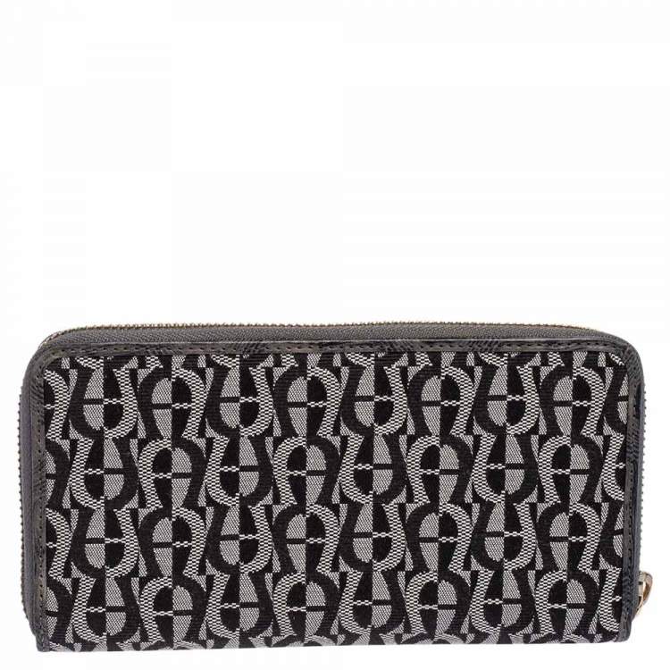 Pre Owned Aigner Grey Signature Canvas and Textured Leather Trim Zip Around Wallet