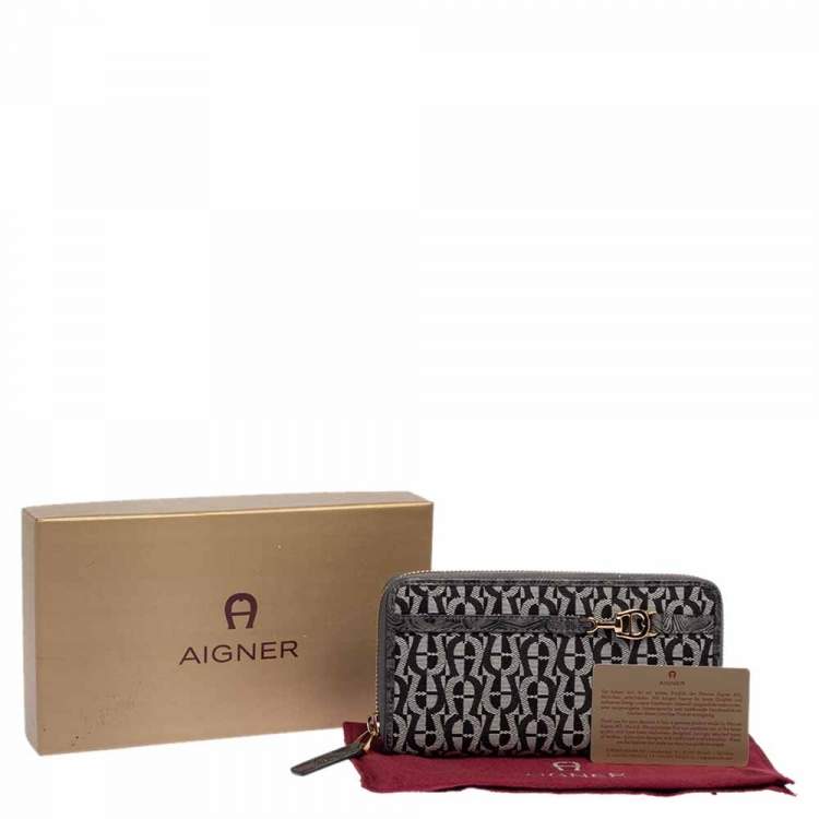 Pre Owned Aigner Grey Signature Canvas and Textured Leather Trim Zip Around Wallet
