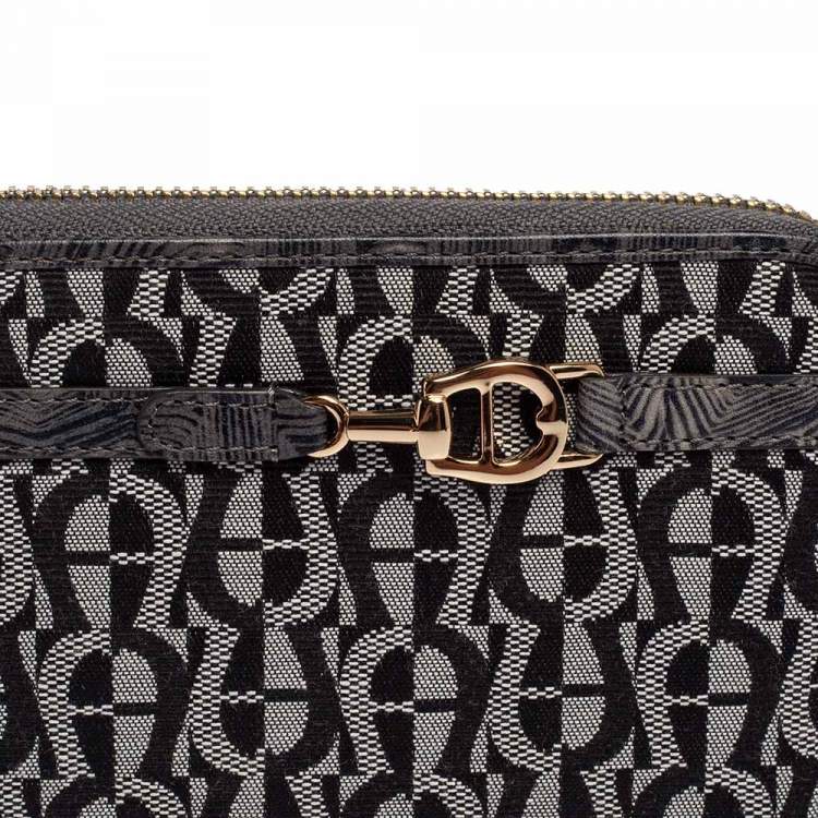 Pre Owned Aigner Grey Signature Canvas and Textured Leather Trim Zip Around Wallet