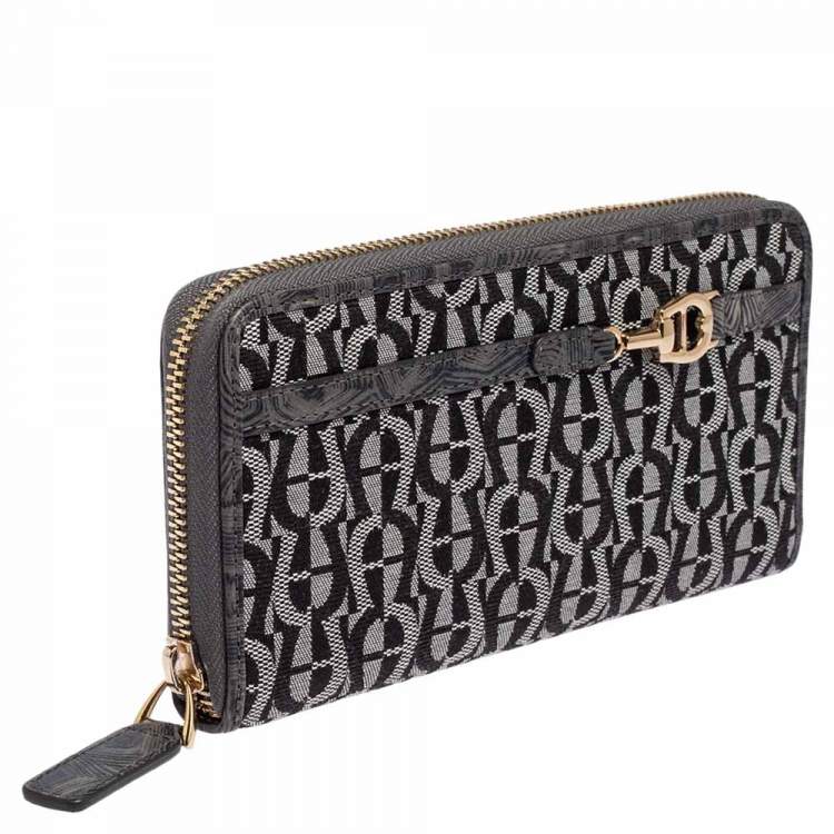Pre Owned Aigner Grey Signature Canvas and Textured Leather Trim Zip Around Wallet