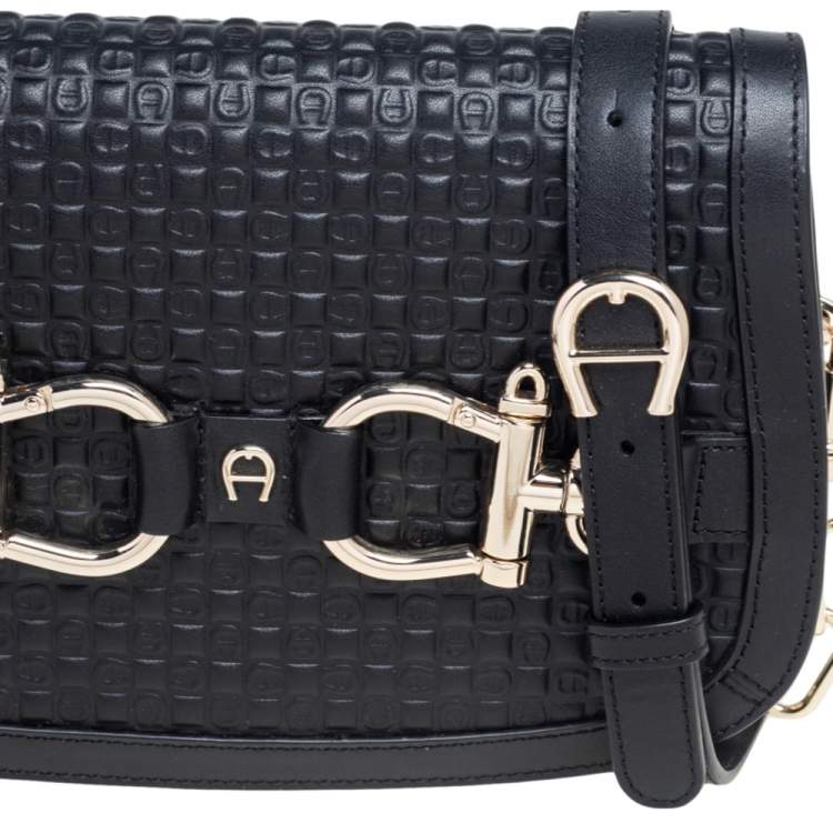 Pre Owned Aigner Black Leather Savona Flap Crossbody Bag