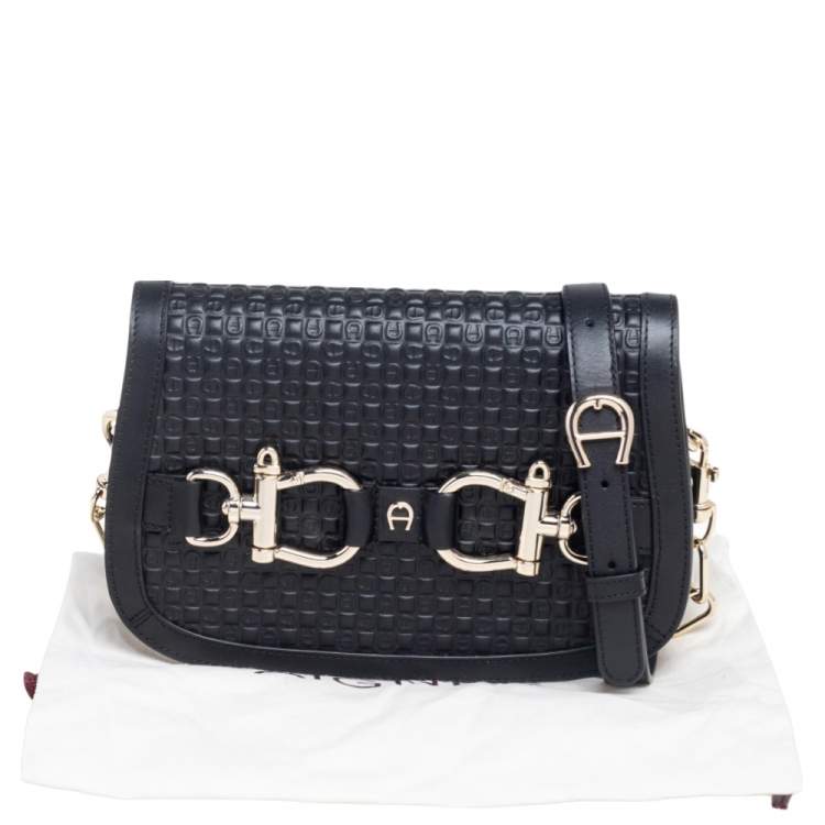 Pre Owned Aigner Black Leather Savona Flap Crossbody Bag