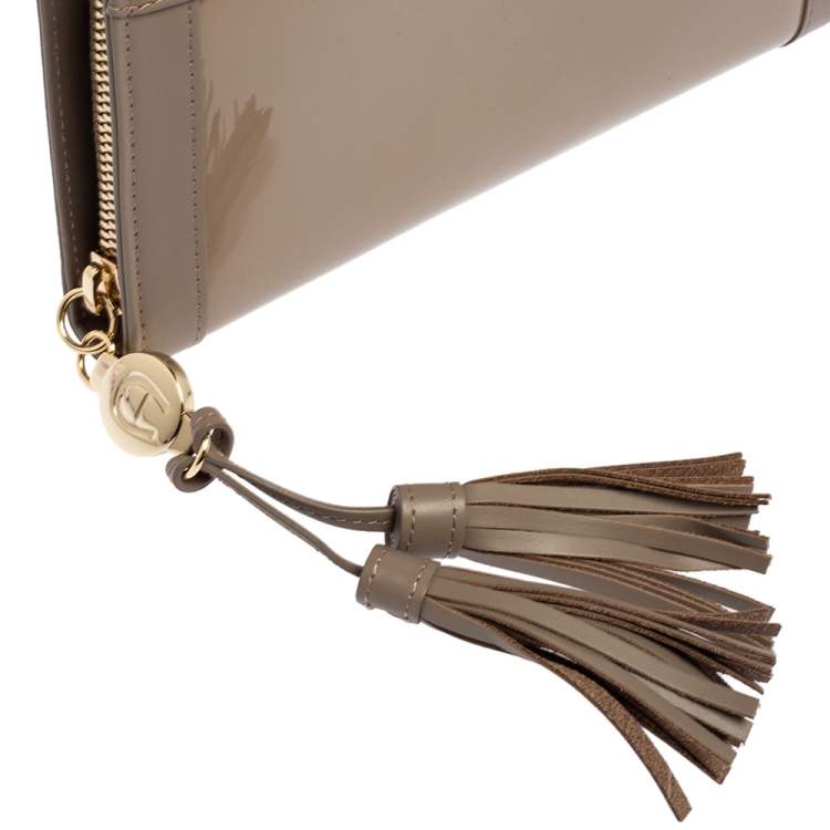 Pre Owned Aigner Taupe Leather and Patent Leather Cavallina Tassel Zip Around Wallet