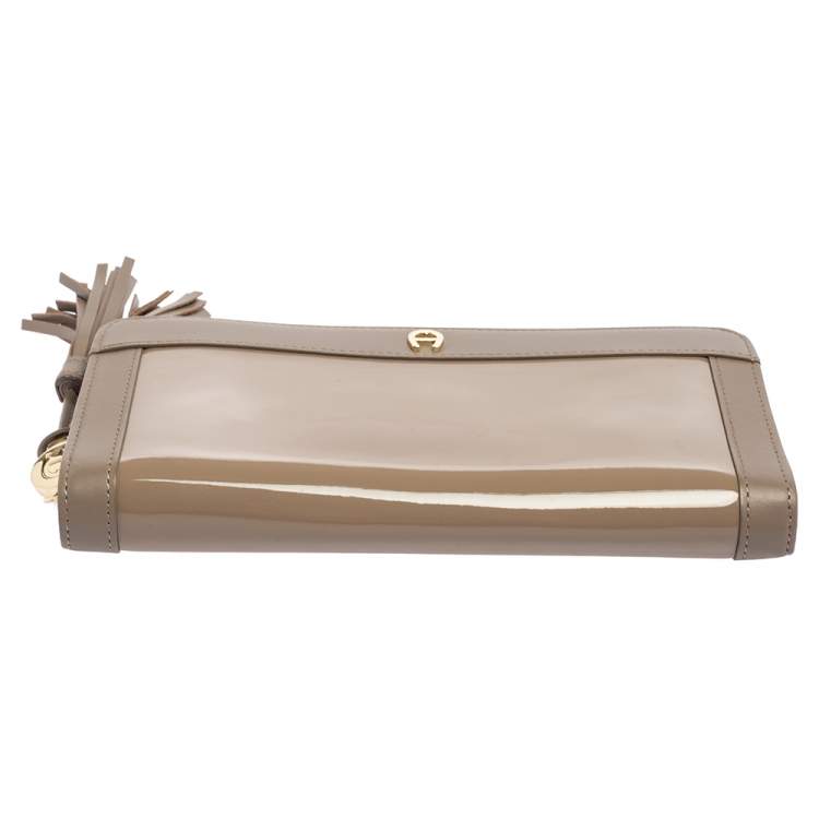 Pre Owned Aigner Taupe Leather and Patent Leather Cavallina Tassel Zip Around Wallet