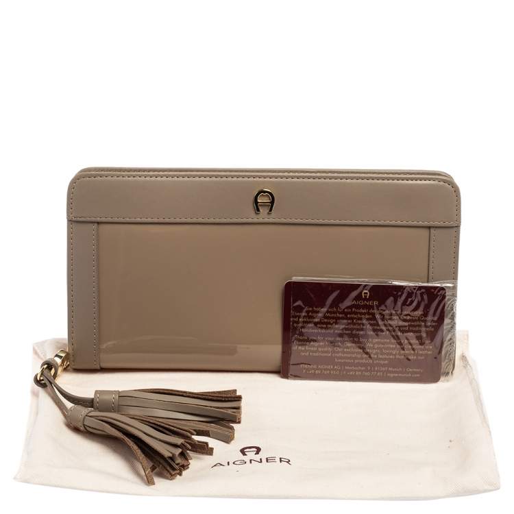Pre Owned Aigner Taupe Leather and Patent Leather Cavallina Tassel Zip Around Wallet